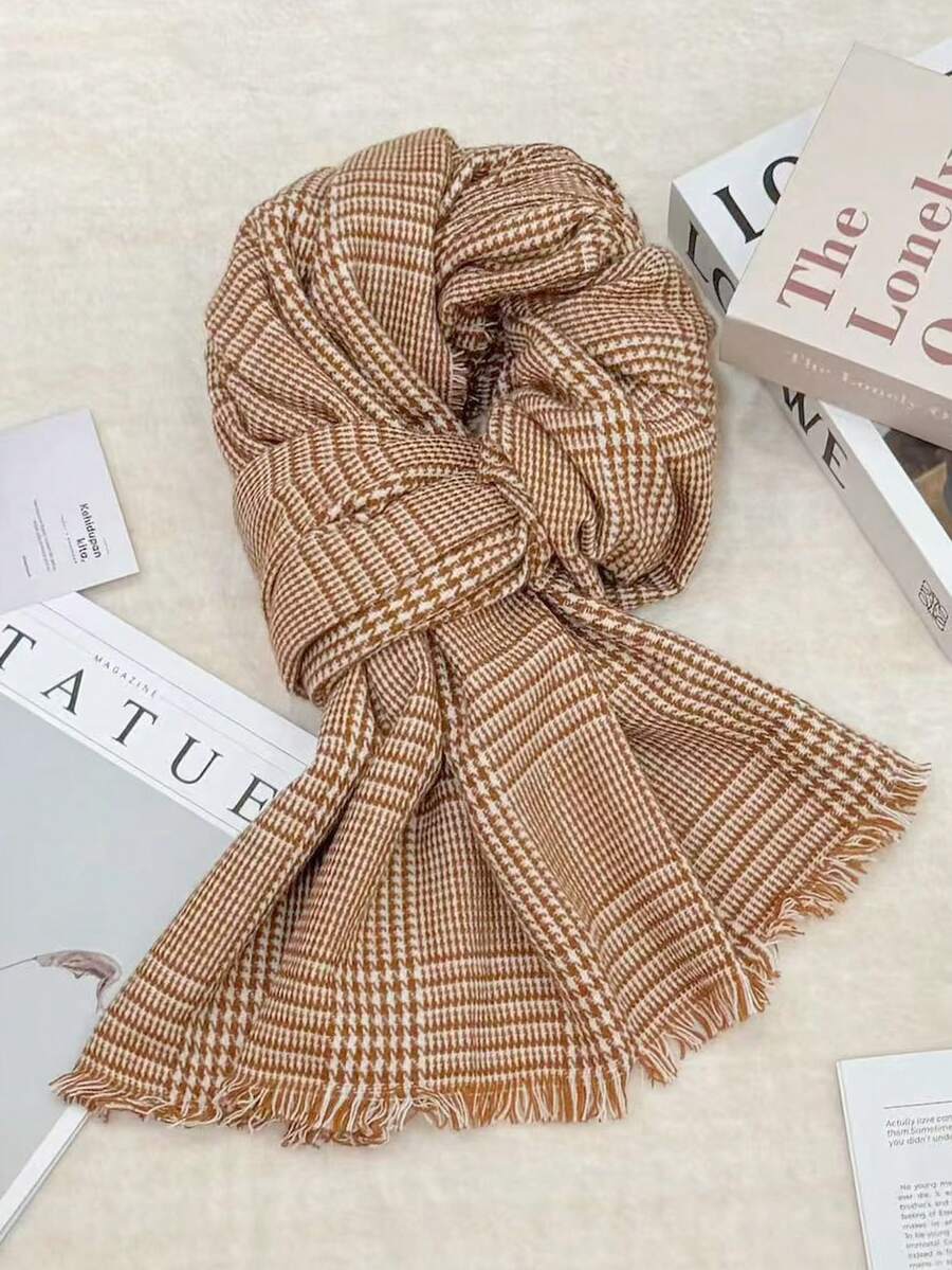 1pc Universal Multi-Color Plaid New Style Versatile Casual Scarf Suitable For Autumn/Winter Use - Houndstooth Khaki - View 1