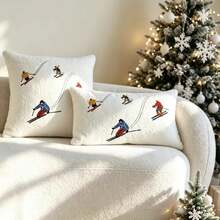LCUHPCL 1pc Christmas Teddy Fleece Skiing Character 3D Embroidered Pillowcase, Suitable For Bedroom, Living Room, Sofa, Daily Use, Party And Various Environments - Multicolor - View 1