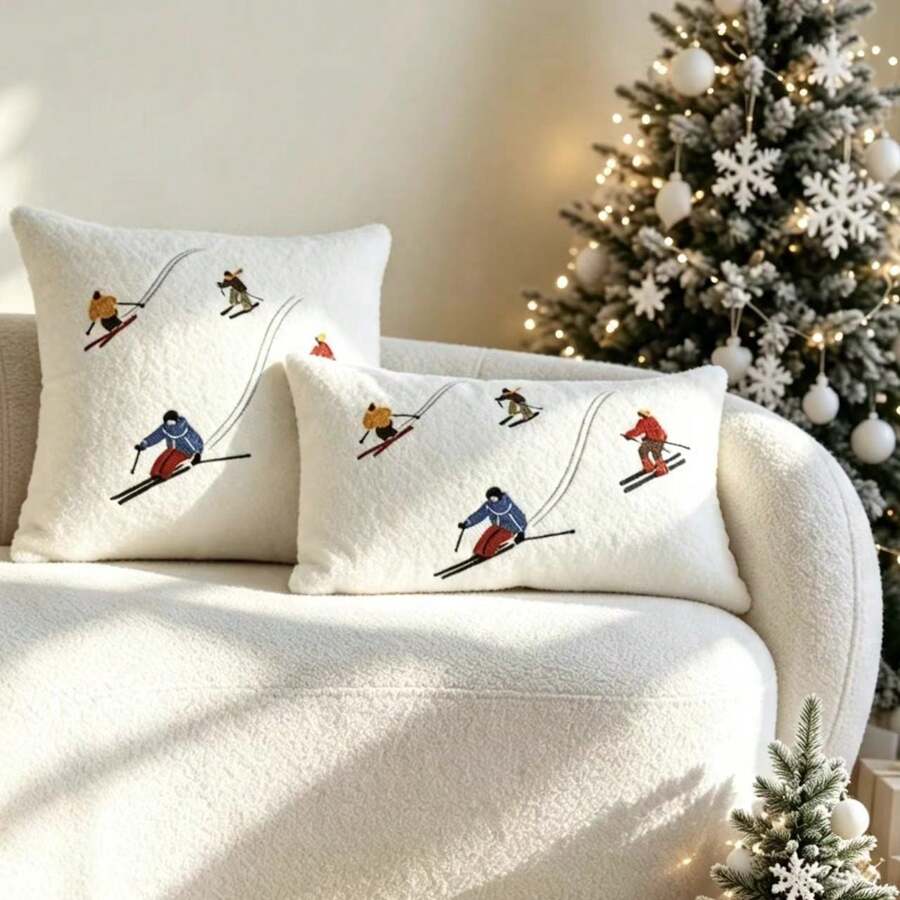 LCUHPCL 1pc Christmas Teddy Fleece Skiing Character 3D Embroidered Pillowcase, Suitable For Bedroom, Living Room, Sofa, Daily Use, Party And Various Environments - Multicolor - View 1