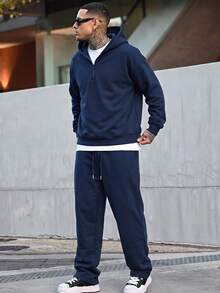 Men's 2 Pieces Set Half-Zip Hooded Sweatshirt And Straight Leg Sweatpants With Metal Drawstring, Casual Sports Outfit - Navy Blue - View 1
