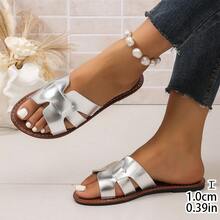 Women Silver Metallic H‑Shape Woven Slide Sandals, Open‑Toe Outdoor Slip‑On Slides, Summer Beach Vacation Shoes - Silver - View 10