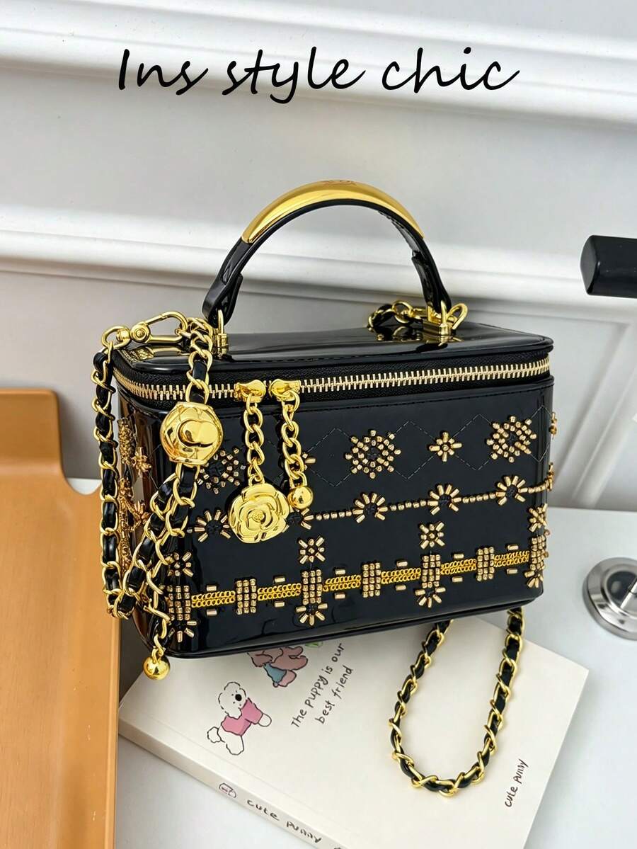 精緻珠飾刺繡圖案金屬手柄與編織皮革金屬鏈條裝飾，拉鍊開合，復古優雅方型女款小手提包，適合購物、約會、社交場合與旅行，小眾高級感百搭手提包 - 黑色 - 查看 1