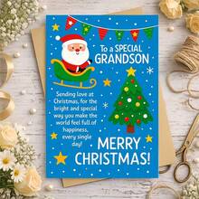 1 Greeting Card + 1 Envelope Cheerful Christmas Greeting Card, Santa In Sleigh With Tree "To A Special Grandson", For Grandson, Winter Holiday Festive Cartoon Style. - Single Piece - View 8