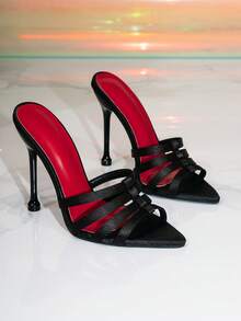 Women's Black Bow Decor High Heel Mule Sandals, Glamorous Party High Heel Sandals - Black - View 2