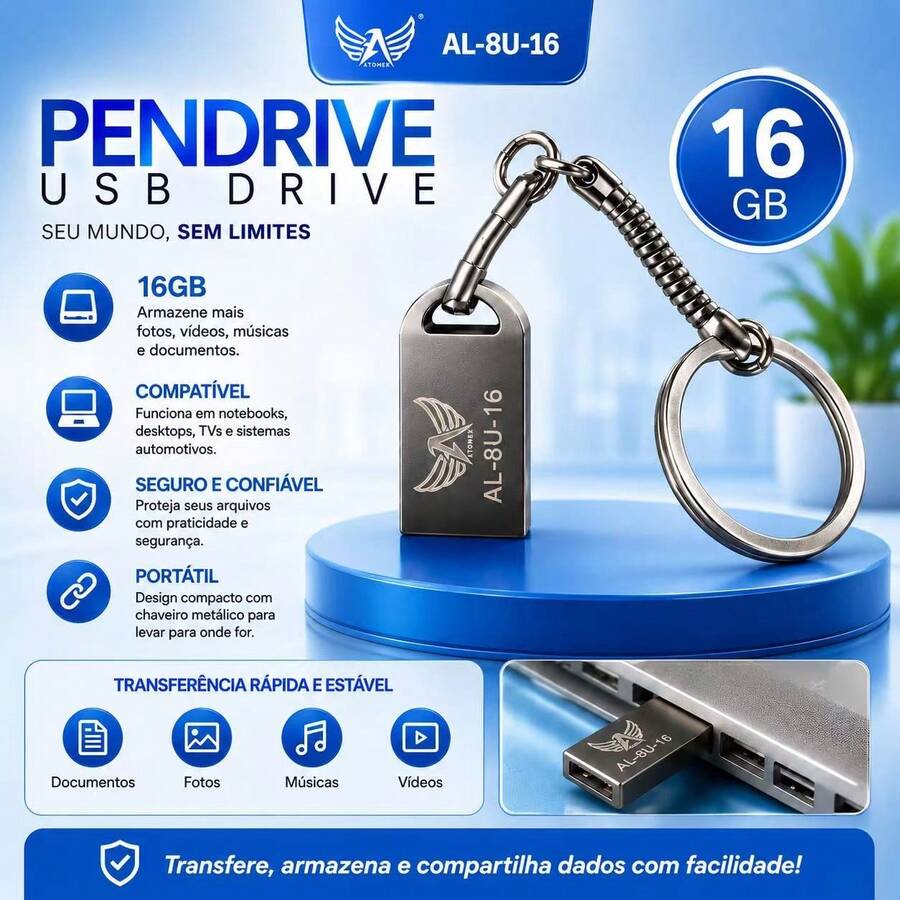 Pendrive 16GB Altomex AL-8U-16 Metálico Mini Chaveiro Portátil Compatível Notebook PC TV Som Automotivo Alta Velocidade - Visão 1