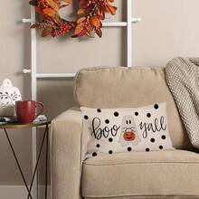 1PC Halloween Scares You! Ghost Pumpkin Polka Dot Rectangular Pillowcase, Scary Holiday Sofa And Living Room Home Party Decoration, Single-Sided, Pillow Not Included - Beige - View 4