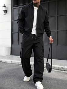 Men's Spring/Autumn Baseball Jacket & Cargo Pants Set - Black - View 3