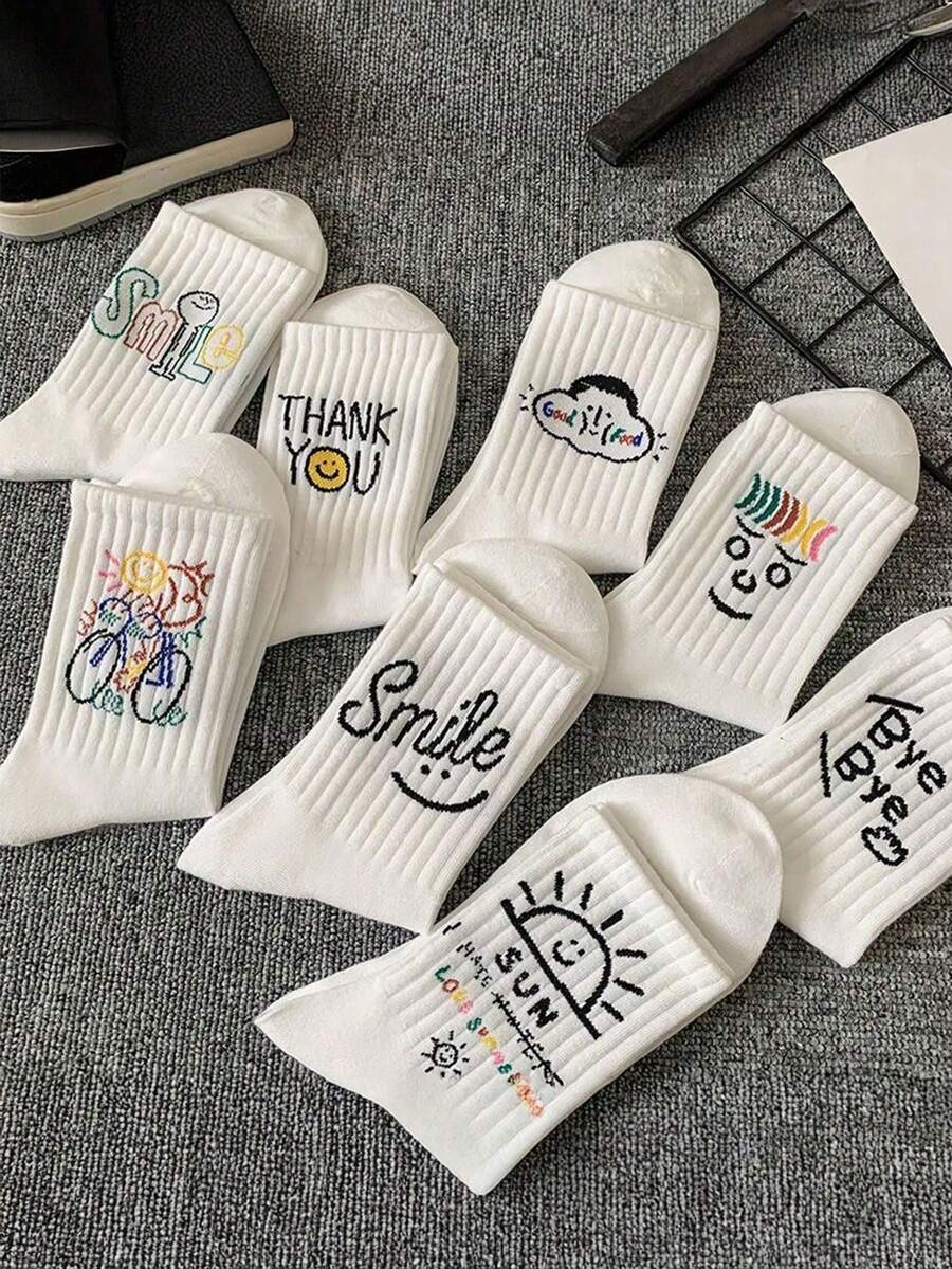 1/5 Pairs Random Style Men's Comfortable Personalized Pattern Mid-Calf Socks, Autumn Socks - Multicolor - View 1
