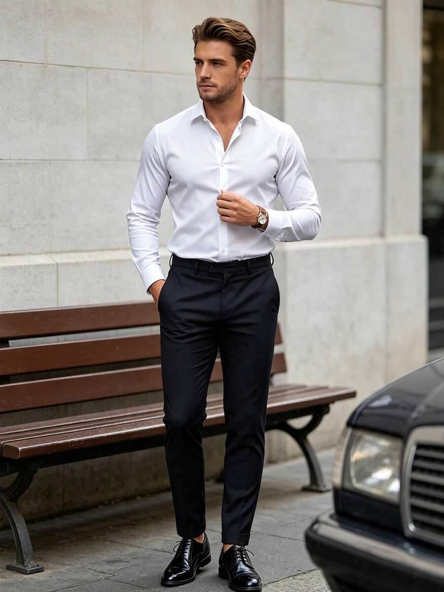 WindsorQuad 男士純色休閒長袖鈕扣襯衫附領帶,適合婚禮、派對、舞蹈,老錢風 - 白色 - 查看 1