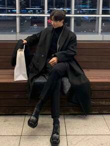 Men's Double-Layered Woolen Overcoat, Mid-Length Woolen Coat, Warm For Autumn And Winter. - Black - View 3