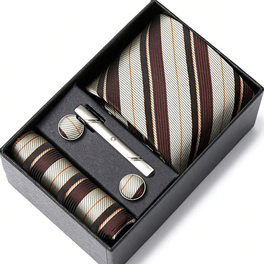 AlanKing Men's Striped Tie, Pocket Square, Cufflinks And Tie Clip 4-Piece Set Premium Gift Box, Suitable For Holiday Gifts, Business Work, Formal Weddings,Halloween - Color Mixing - View 1