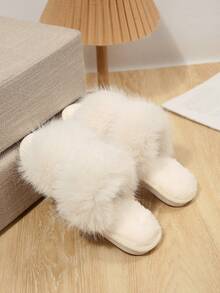 Women's Double Strap Faux Fur Open Toe Slippers, Soft Fluffy Plush House Slides, Lightweight Comfortable Warm Indoor Home Shoes - Beige - View 2