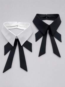 1pc Detachable Shirt Collar With Bow, Solid Color & Plaid Fabric Faux Collar, Rhinestone Floral Decor Collar Accessory - Multicolor - View 3