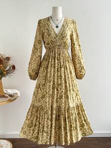 Rusttydustty Women's Vacation Style Elegant Garden Floral V-Neck Long Sleeve Dress - Yellow - View 4