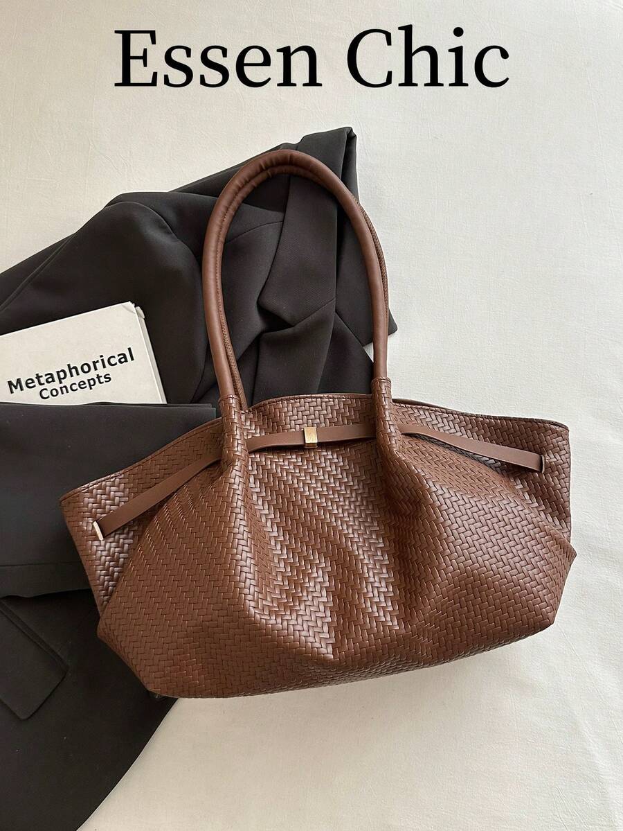 1pc Coffee Brown Summer New Metal Hardware Strap Decor Large Capacity Solid Color Woven Texture PU Tote Bag Women's Shoulder Bag