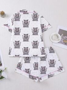 2pcs/Set Women's Pajama Set, Cartoon Raccoon Print, Holiday Women's Loungewear, Short Sleeve Lapel Top And Shorts Wearable Set - Multicolor - View 2