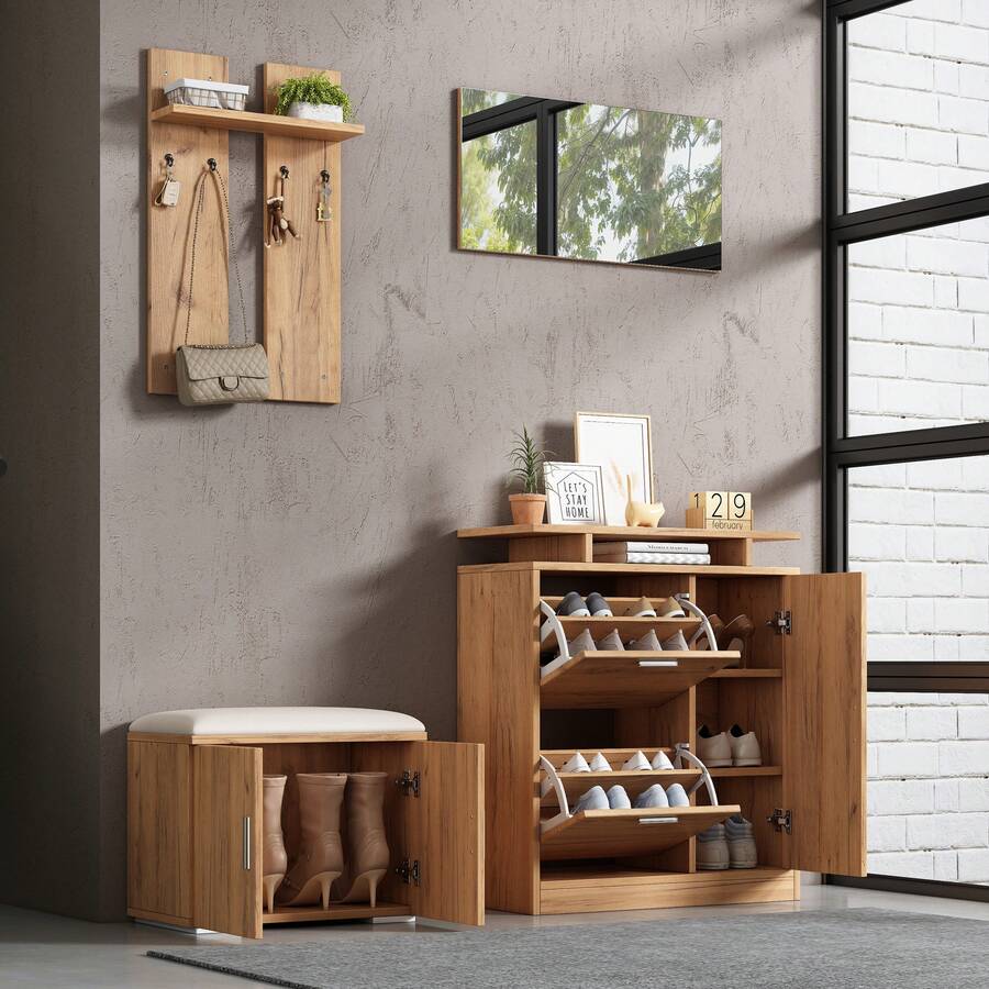 Hallway Coat Rack Set, Wall Coat Rack, Coat Rack Set With Shoe Bench And Shoe Cabinet, 1 Mirror, 4 Hooks, 5 Doors, Natural, W140 * D35 * H133 Cm, 140 X 35 X 133 Cm - Multicolor - View 1