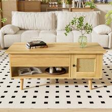 Elegant Coffee Table With Liftable Table Top And Rattan Doors, Wood Color With Black Accents, Ideal For The Living Room - Practical Storage Space And Functional Design, 109.98 X 59.49 X 15.98 Cm - Multicolor - View 3