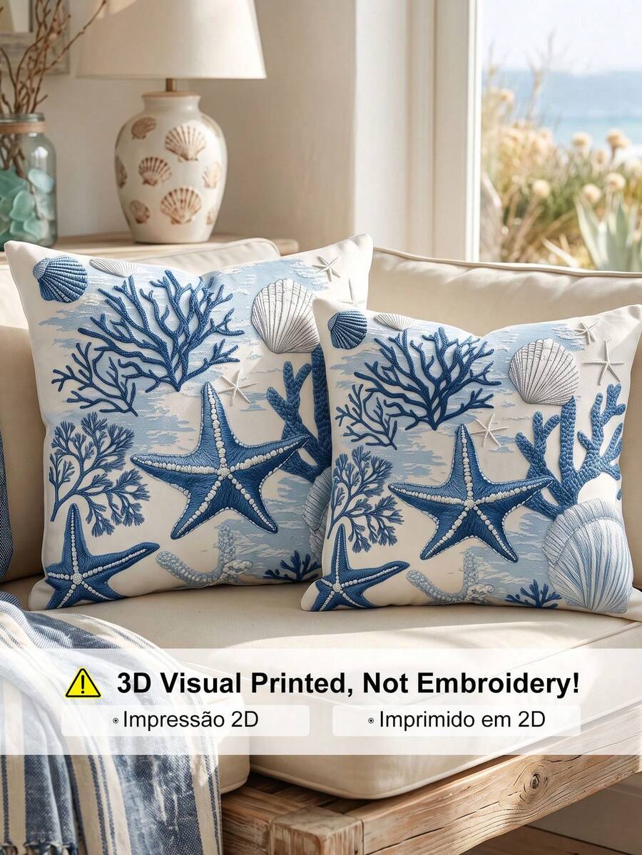1/2pcs Fashion Coral Coast Style Pillowcase, Single-Sided Print, Breathable & Anti-Pilling, Comfortable & Cozy, Machine Washable, Suitable For Sofa And Car Pillows, 45*45/50*50CM, Living Room Sofa Decoration, Summer, Back To School Season - Multicolor - View 1