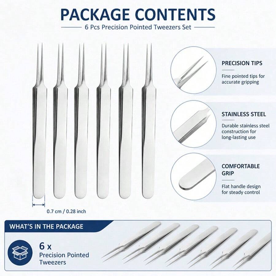 6pcs Precision Pointed Stainless Steel Tweezers Set, Smooth Polished Surface Easy To Clean, Professional Grade Rust-Resistant Durable, Comfortable Grip Design, Suitable For Micro Screw Picking, Component Installation, Handmade DIY - Silver - View 1
