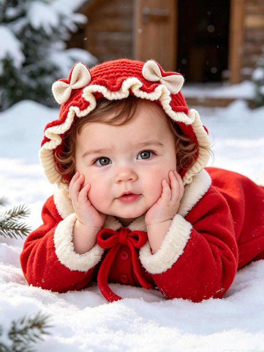 0-2 Years Old Baby Girl Knitted Hat, Cute Bow Rabbit Ears Ruffle Edge, Soft Warm Tie Knitted Hat, Autumn/Winter Cute Infant Toddler Headwear - Multicolor - View 1