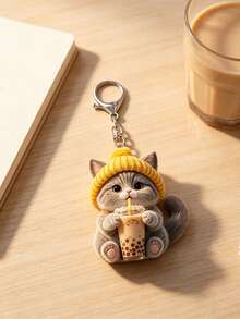2D Flat Cute Gray Kitten Drinking Milk Tea Pattern Keychain, Adorable Cat Cup Aesthetic Key Chain Wallet Bag Decor Gift For Cat Lovers, New Acrylic Design Keyring Decoration, Durable And Lightweight, Suitable For Car Keyring, Phone Keyring, Backpack And Wallet Keyring Decor - Can Be Used As Birthday, Pet Lover Keyring Car Key Bag Pendant, Back To School Gift, Halloween, Christmas, Thanksgiving Gift - Multicolor - View 7