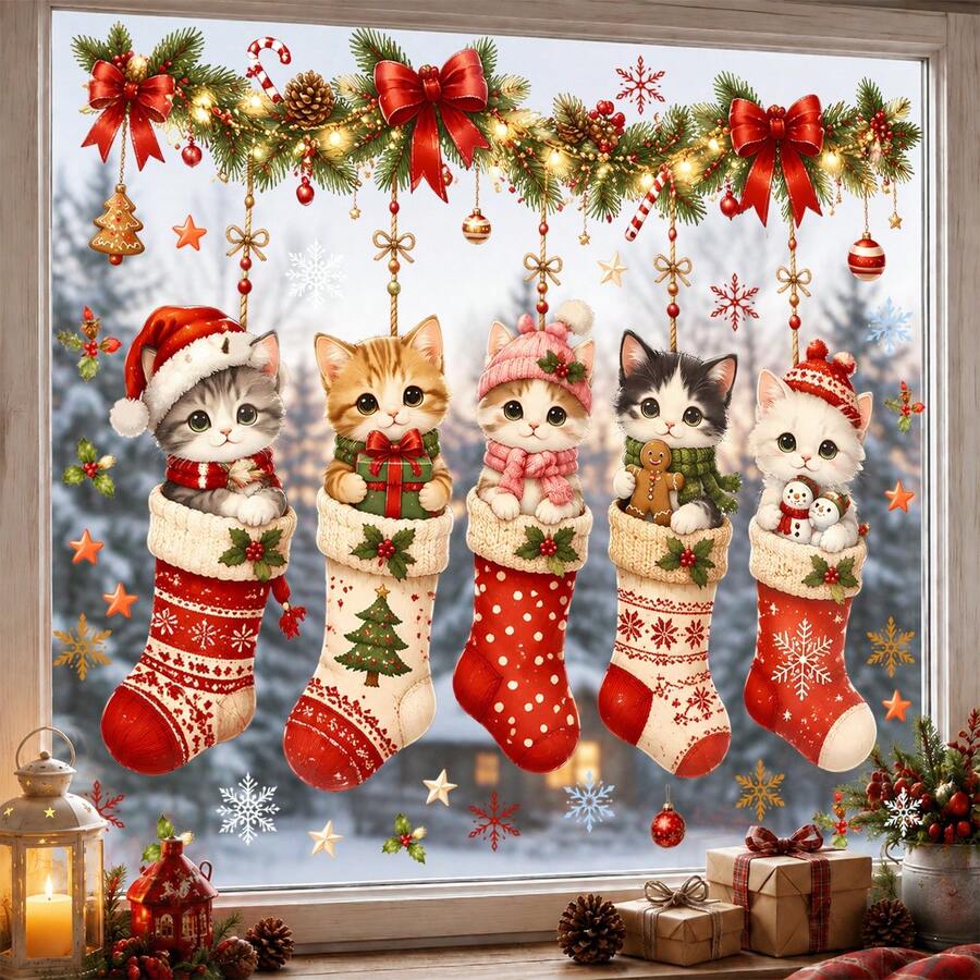 Christmas Window Decals Cute Cat Christmas Stocking Stickers, Christmas ...