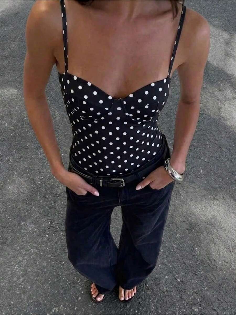 VIVINA Women's Vintage Pop Art Polka Dot Print Slim Fit V-Neck Cami Bodysuit, American Retro Campus Versatile Bodysuit, Black Bodysuit Summer - Black - View 1