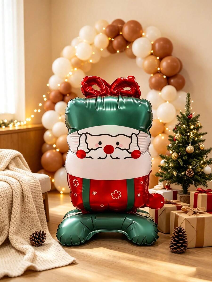 1個站立式聖誕老人禮物盒鋁箔氣球,紅綠聖誕配色,適合聖誕主題派對裝飾、生日派對、新年、聖誕氣氛裝飾道具 - 查看 1