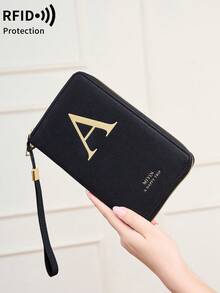 FOREVER MIYIN RFID Blocking Passport Holder Travel Essential, Alphabet Print Zipper Document Organizer With Wrist Strap, Multi‑Slot Travel Wallet For Vacation Trip - Black - View 3