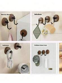 1/2/4-Piece Walnut Wood Door Hooks, Bathroom Towel Racks, Creative Coat Hooks (With Adhesive Backing, No Drilling Required) Home Decor Hooks, Solid Wood (Note: Only Suitable For Everyday Bathroom Items; Do Not Hang Heavy Objects, Or They Will Fall). - Multicolor - View 4