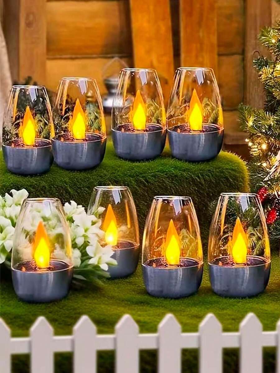 1/2/4pcs Solar Powered Flame Candle Lights, Outdoor Lighting Detachable Emergency LED Camping Lamp, Indoor Decorative Warm Light, Rechargeable Battery, Stainless Steel Waterproof Base, Suitable For Desk, Camping, Yard, Garden, Holidays, Parties, Christmas, Halloween