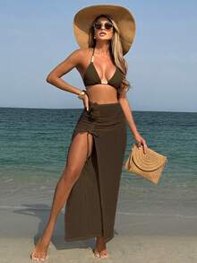 HaiiMeid 3pcs Women Knitted Beach Vacation Floral Decor Triangle Bikini Top, Side Slit Skirt Swimwear Set Summer - Chocolate Brown - View 4