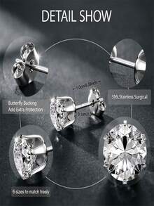 Elegant Fashion Style, 6 Pairs 3-8MM 316L Stainless Steel Cubic Zirconia Stud Earring Set, Suitable For Daily And Party Wear, Can Be A Gift For Friends And Lovers, Suitable For Men And Women, Sparkling Earrings - 6 Pairs Of Ear Stud Sets - View 4
