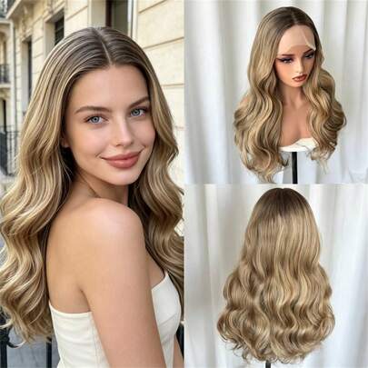 Free Part Brown Root Ombre Honey Blonde Synthetic HD Lace Front Wig For Women Party Daily Cosplay Wig Glueless Wig Ombre Golden Blonde Wig Preplucked Hairline Natural Density