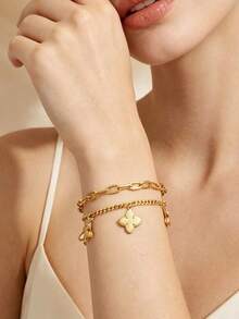Letingsha 1pc Fashionable Stainless Steel Four-Leaf Clover Pendant Bracelet, Suitable For Women's Daily Wear - Yellow Gold - View 3