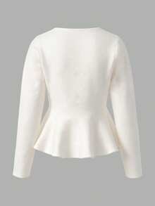 Elegant Women's Long Sleeve Knit Sweater, Gold Buttons, Flared Hem, Regular Length, Medium Stretch Fabric, Fashionable Autumn/Winter Essential - White - View 10