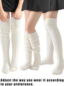 1 Pair Women's Over-The-Knee Knitted Socks, Warm Fashion Boot Socks Leg Warmers, Solid Color Striped Cable Knit, Winter Christmas Warm Accessories - Multicolor - View 4
