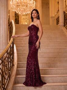 Autumn/Winter Elegant Luxury Full Sequin Mermaid Long Evening Dress, Waist-Cinching Boning Pleated Elastic Fabric, Strapless Heart-Shaped Neckline, Suitable For Parties, Balls And Nightclubs - Burgundy - View 6