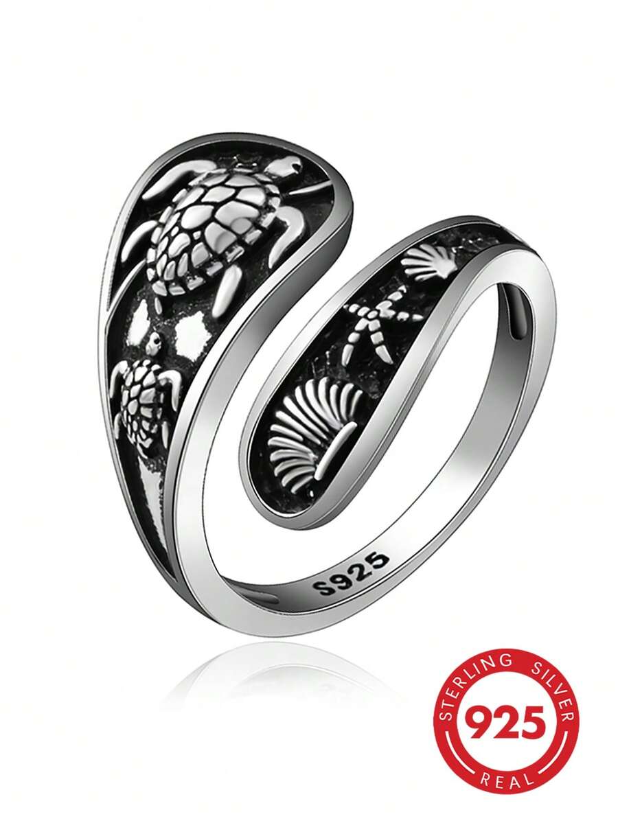 1pc Unique 925 Silver Resin Sea Turtle, Starfish & Shell Ring, Fashion Accessory For Women, Suitable For Vacation, Party, Wedding, Holiday Gift