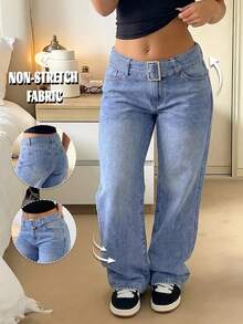 GILIPUR Women's High Waist Belt Decor Light Wash Wide Leg Denim Jeans, Casual Loose Fit Long Pants Fall - Blue - View 2