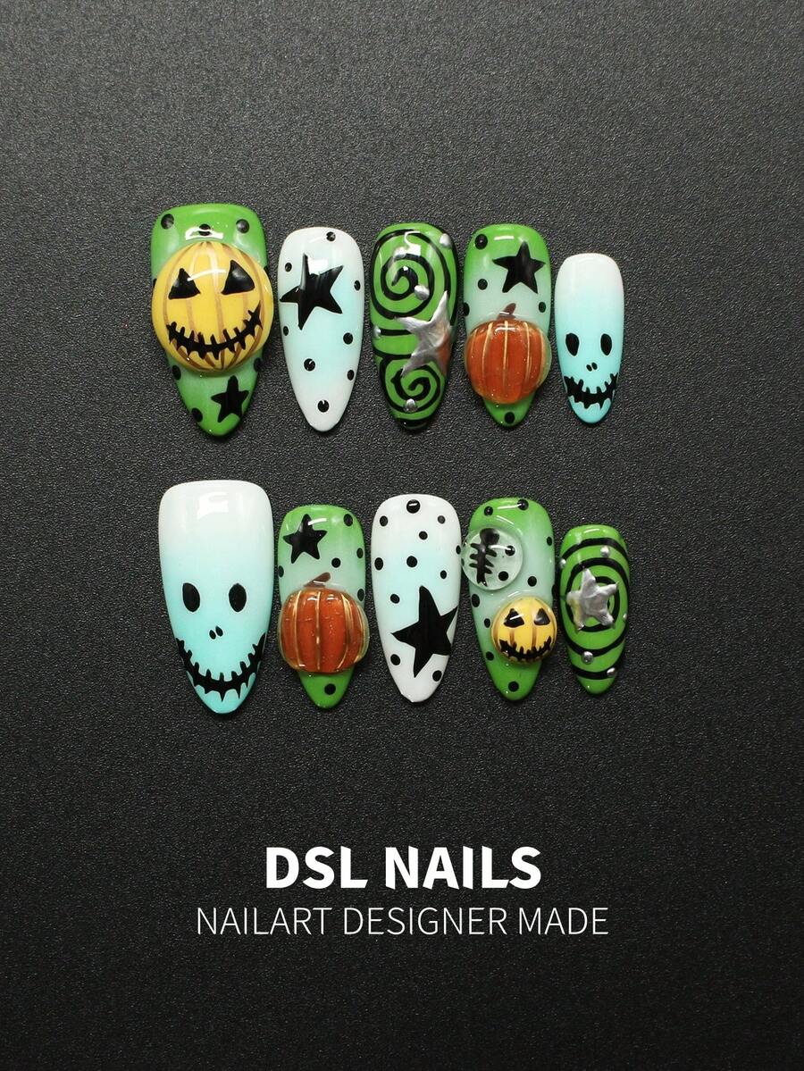 10pcs Handmade Almond Press-On Nails, Fresh Green And Mint Blue Gradient Base, Decorated With 3D Pumpkin Head Accessories, Skull Ghost Face Print, Black Polka Dots, Spiral Lines And Star Patterns, Silver Metallic Star Accents. Quirky Halloween Atmosphere. Almond Nail Shape Visually Slims Fingers, Suitable For Halloween Parties, Cosplay. Comes With Complete Nail Art Tool Set, Easy DIY, Perfect Gift For Halloween Theme Nail Art Enthusiasts. - Multicolor - View 1