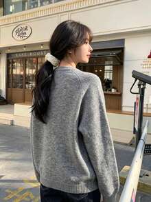 Korean Style Orange Embroidery Print Pullover Sweater Women Autumn Winter Loose Fit Versatile Slimming Letter Knit Top Outerwear - Grey - View 3