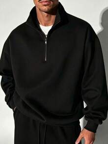 ZYNTH BALENO Men's Autumn/Winter Zip-Up Turn Collar Sweatshirt, Suitable For Sports, Classic Solid Color Long Sleeve Black - Black - View 2