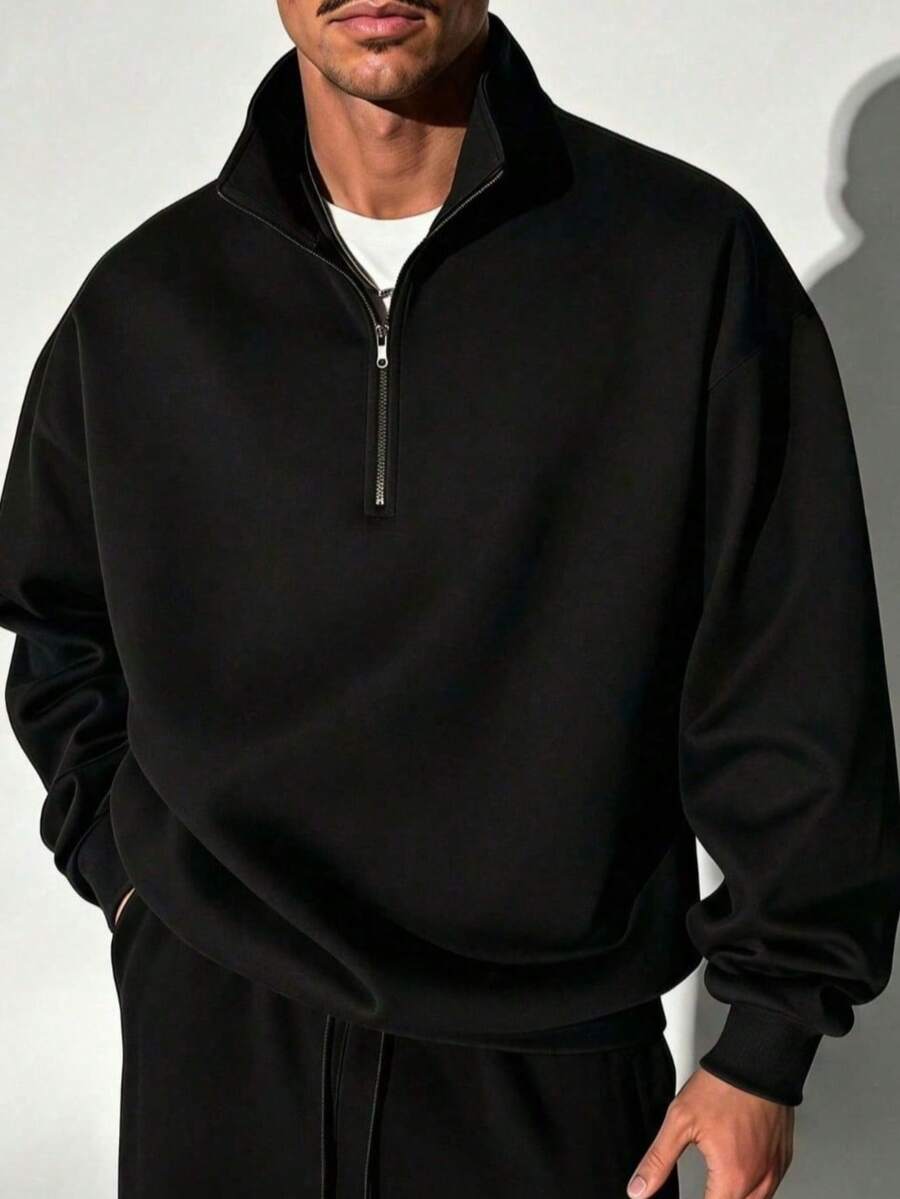 ZYNTH BALENO 男士秋冬拉鍊立領運動衛衣,適合運動,經典純色長袖黑色 - 黑色 - 查看 1