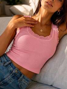Women's Casual Solid Color Contrast Lace Tight Camisole, Summer - Pink - View 3