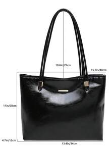 1pc Black Solid Color PU Large Capacity Tote Bag Women's Shoulder Bag - Black - View 7