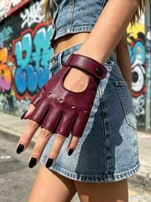 1 Pair Half-Finger Motorcycle Leather Gloves - Burgundy - View 5