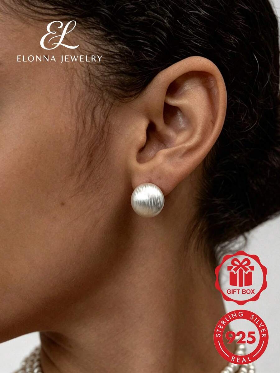 SYMFNY 1 Pair French Elegant Style 925 Sterling Silver Matte Brushed Dome Stud Earrings, Suitable For Girls, Casual, Date, Commute Jewelry Gift - Silver - View 1