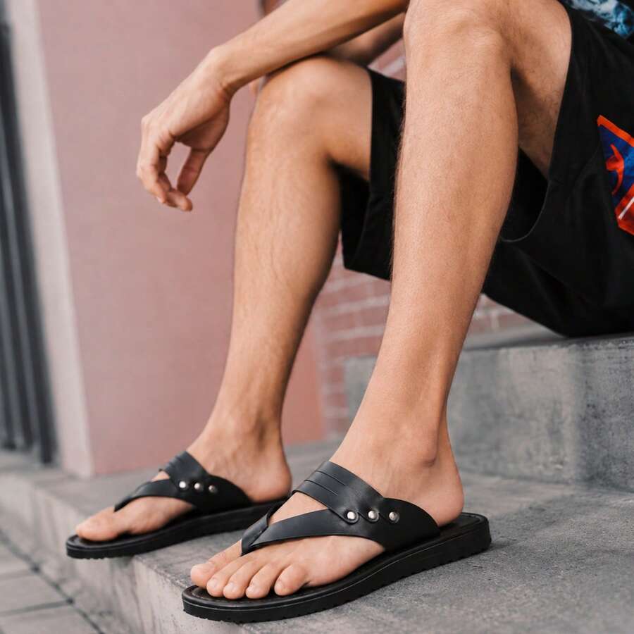 Men's New PU Leather Sandals, Hollow Design Open Toe Non-Slip Casual Slippers, Summer Lightweight Breathable Flip-Flops, Suitable For Spring/Summer, Indoor/Outdoor, Street, Office, Vacation, Daily Wear, Durable Non-Slip Flat Bottom, Fashionable Durable Roman Sandals - Black - View 1